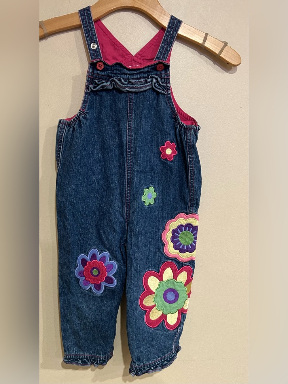 VTG Talbots Kids Floral Denim Ruffle Overalls Size 24m Boho Whimsy Grandmacore